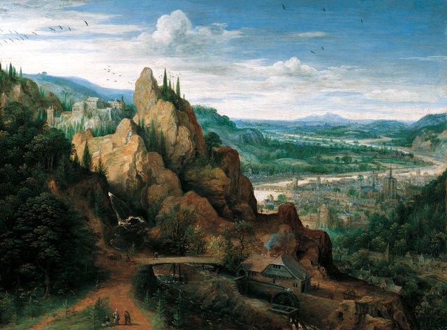 Mountain Landscape with Waterfall and Mill by Lucas van Valckenborch