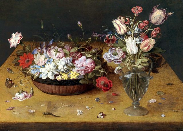 Flowers in a lacquer basket and in a glass vase by Osias Beert