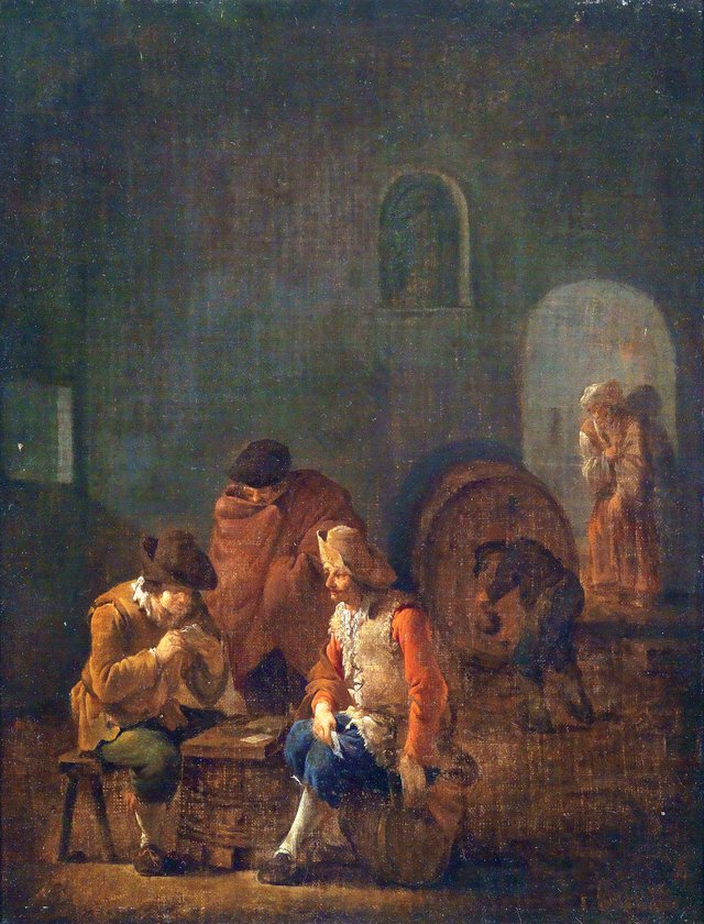 Kartenspielende und zechende Bauern in einem Kellergewölbe by Andries Both