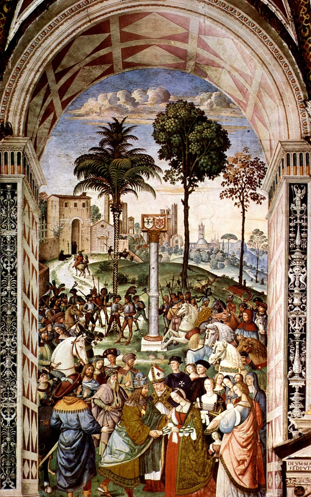 "Aeneas Piccolomini Introduces Eleonora of Portugal to Frederick III" by Pinturicchino. by Pinturicchio