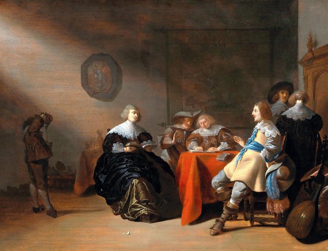 An interior with a company conversing at a table by Anthonie Palamedesz.