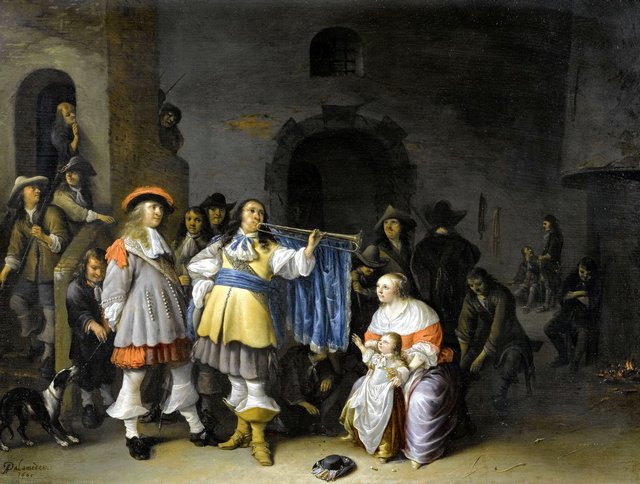 Interieur eines Wachraums mit einem Offizier mit Trompete und einer Mutter mit Kind. by Anthonie Palamedesz.
