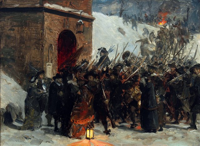 Historical scene with numerous soldiers at the Citadel of Copenhagen. by Otto Bache
