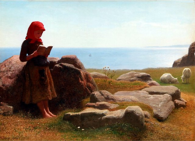 Summer landscape with a girl who reads while the sheep graze by Anton Dorph