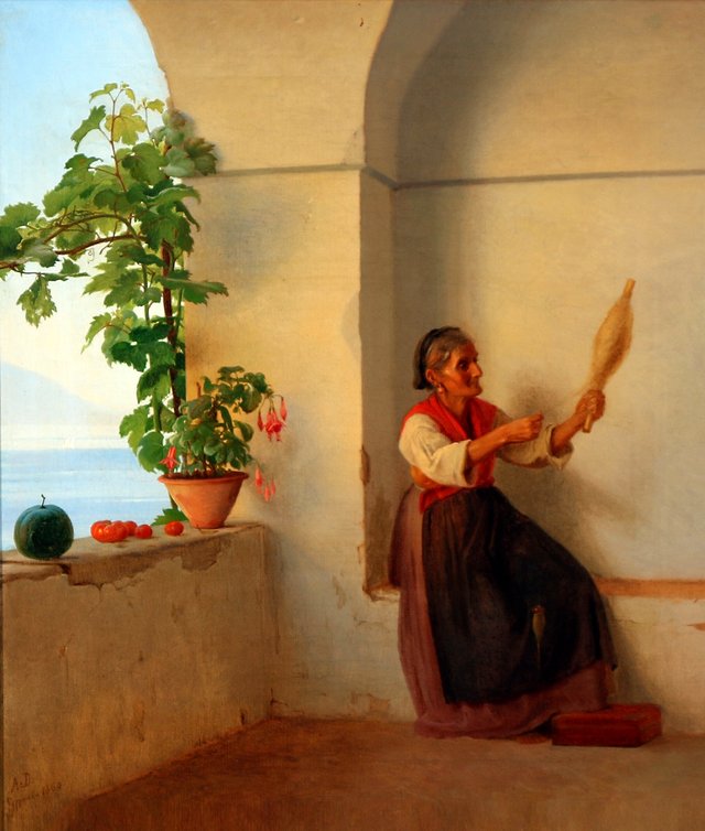 An old woman with a spindle sitting in an Italian loggia. by Anton Dorph