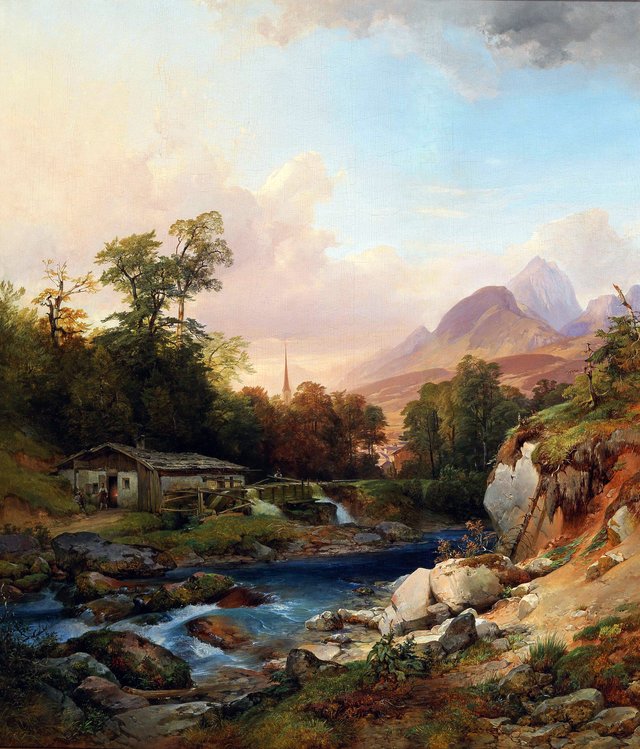 A mountain landscape with a smithy by Anton Hansch