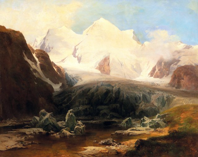A view of a mountain lake with snow-capped mountains in the background by Anton Hansch