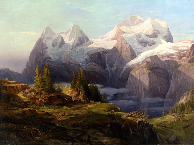 Blick in das Berner Oberland mit Mönch, Eiger und Jungfrau, im Vordergrund figürliche Staffage by Anton Hansch