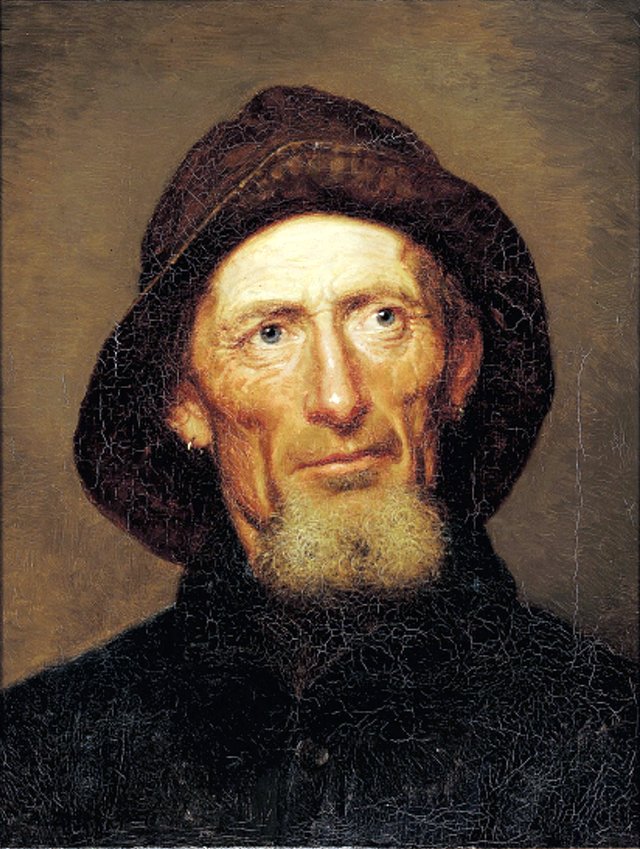 Fisherman in a blue coat, wearing a sou'wester. by Anton Dorph