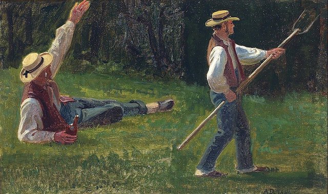 Field hands in a meadow. by Anton Dorph