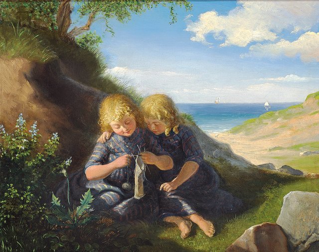 Working hard. Twin girls sitting in a dune with their knitting. by Anton Dorph