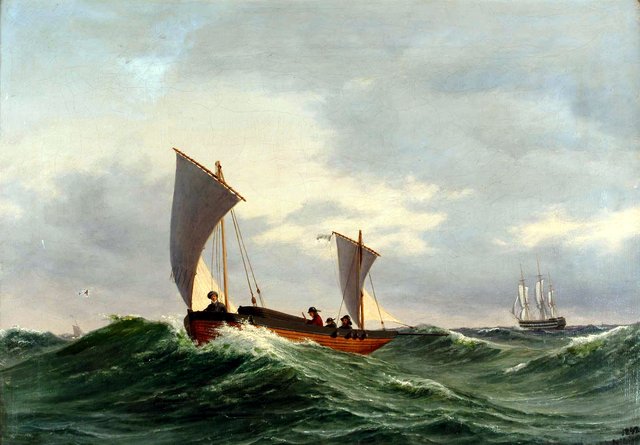 A boat and a ship of the line. by Anton Melbye
