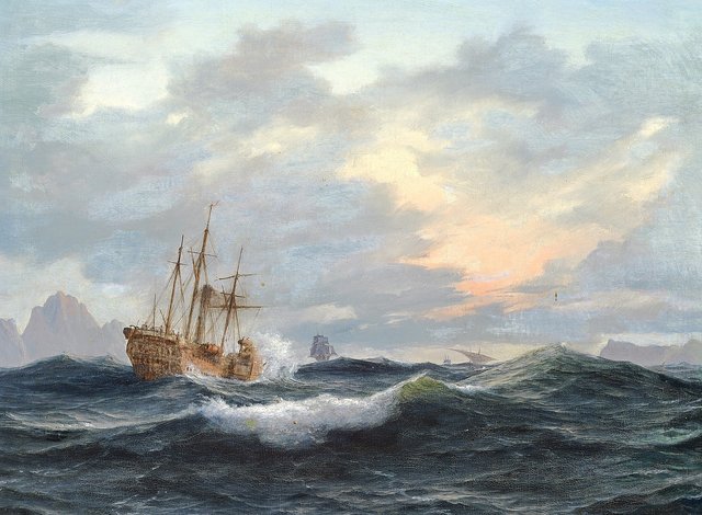A paddle steamer and some sailing ships at sea. by Anton Melbye