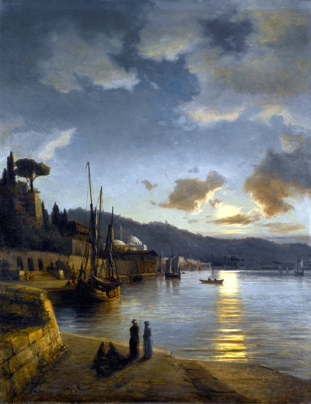A Turkish harbour in moonlight by Anton Melbye