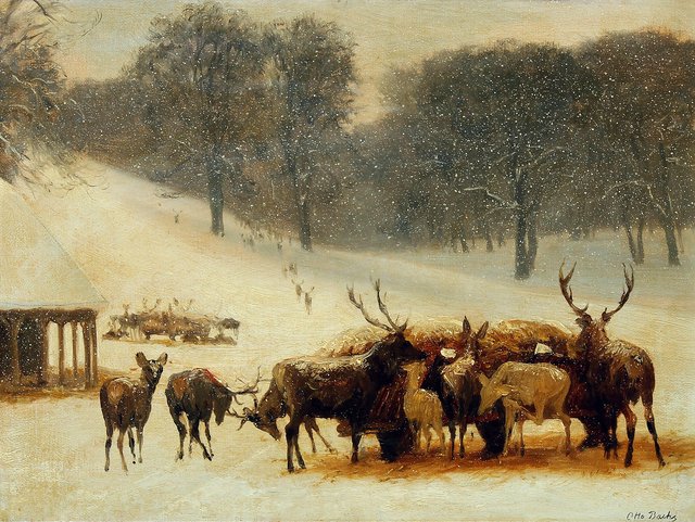Deer by the wagon with hay, a snowy day in the Deer Park Copenhagen. by Otto Bache