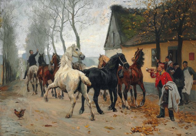 Coupled horses outside Lindenborg Inn. by Otto Bache