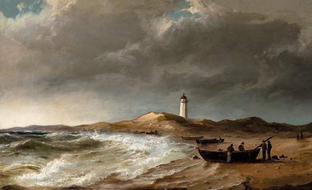 Fishermen with their boats on the beach, near the lighthouse of Skagen. by Anton Melbye