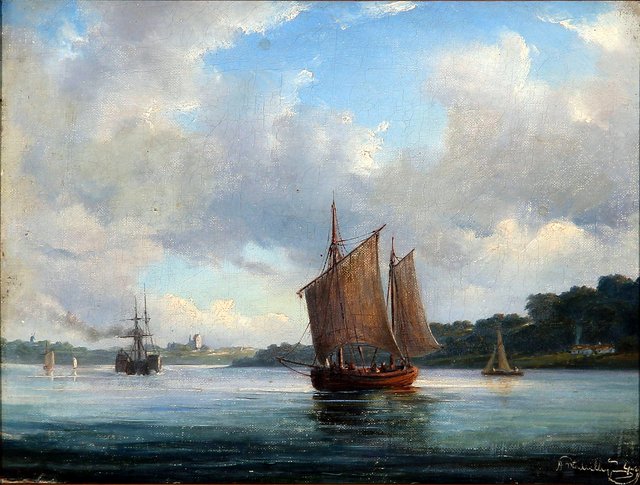Fiord scene with fishing boats and a paddle steamer by Anton Melbye