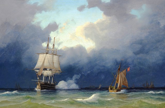 Ships at sea in a gathering storm. by Anton Melbye