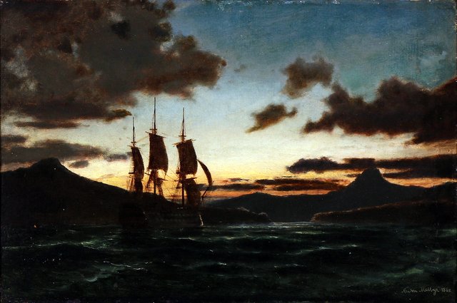 Night scene with a ship of the line in a bay. by Anton Melbye