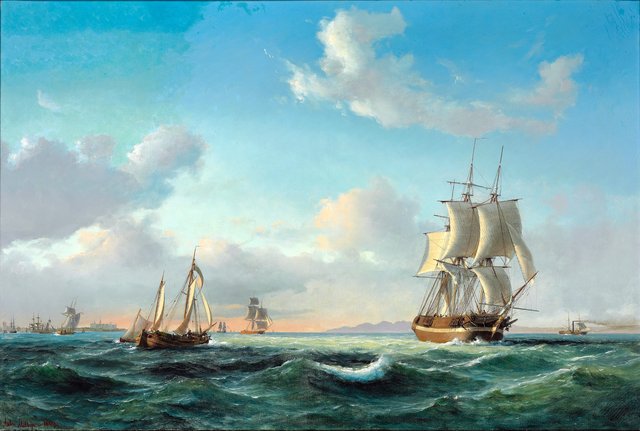 The sailing ship ‚Johanna‘ and other vessels in Sundet off Kronborg Castle by Anton Melbye