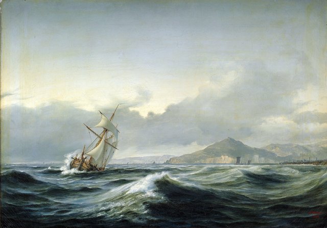 Seascape with sailing ship in rough sea. In the background a rocky coast by Anton Melbye