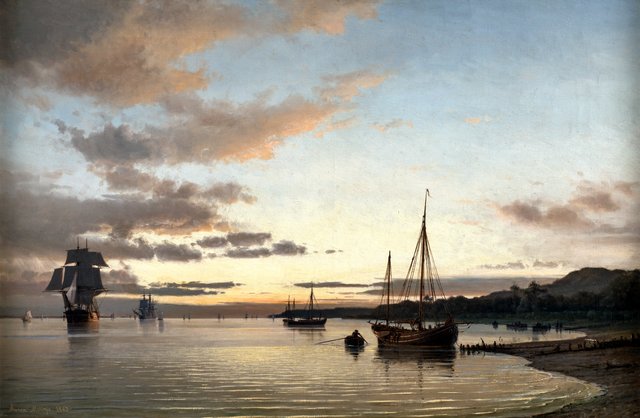 On the Elbe as evening falls. by Anton Melbye
