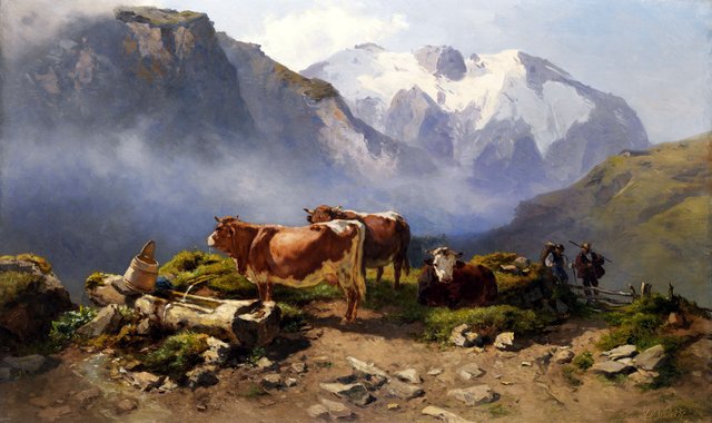 Weidende Kühe auf einer Alm. by Anton Schrodl