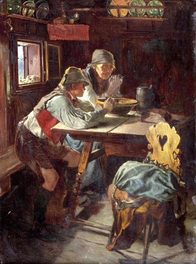Großmutter und Enkel beim Tischgebet by Anton Schrodl