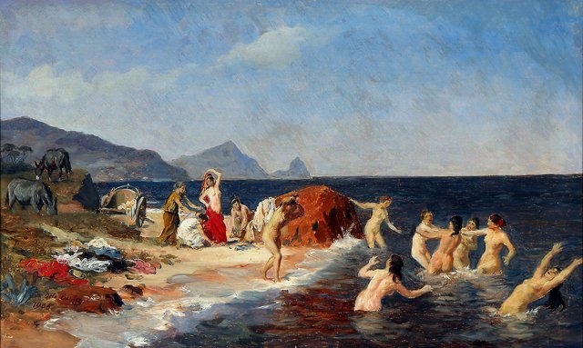 The princess of Lycia bathes with her maidens at the Sicilian coast. by Otto Bache
