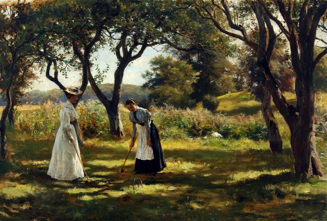 A garden in Hornbæk with Otto Bache's family playing croquet. by Otto Bache