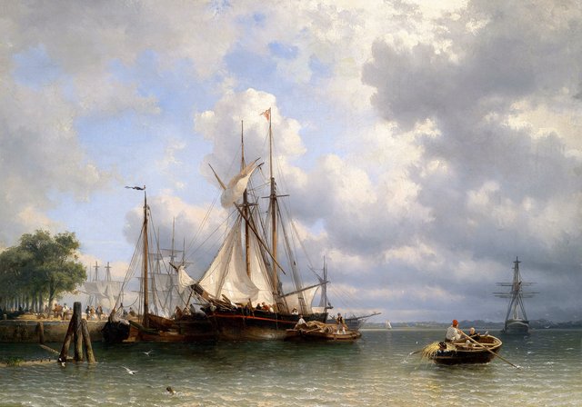 Sailing ships in the harbor by Anthonie Waldorp
