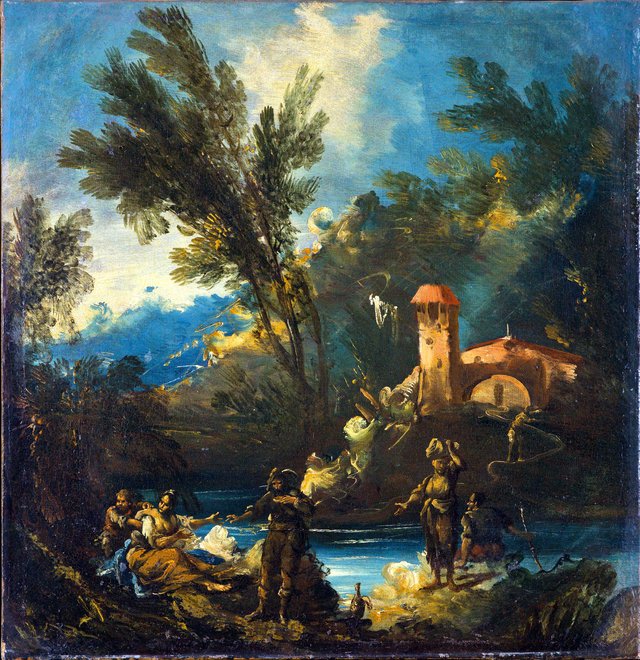 A wooded river landscape with figures by Antonio Francesco Peruzzini