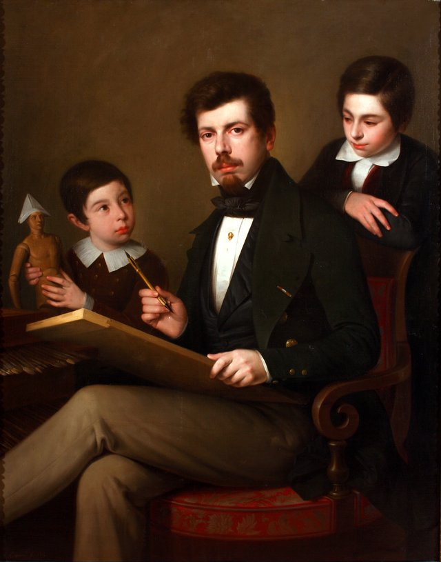 Self-portrait with his sons Carlos and Vicente by Antonio María Esquivel