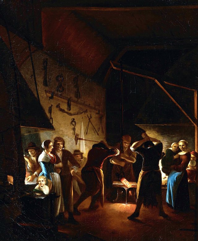 Two blacksmiths at work in a forge by Gerrit Lundens