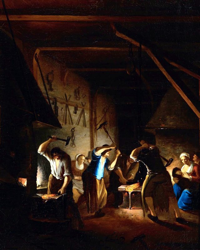 Three blacksmiths at work in a forge by Gerrit Lundens
