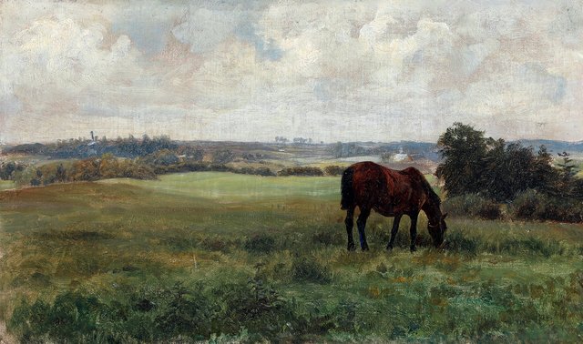 A summer landscape with a grazing horse by Kjærsgaard, Denmark. by Otto Bache