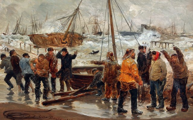 Fishermen and ships in stormy weather. by Otto Bache