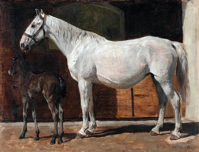 A mare and a foal in a barn. by Otto Bache