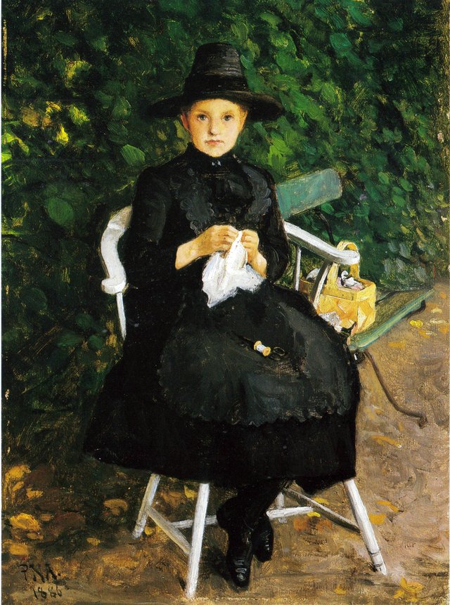 Sewing girl in garden. Gulskogen. by Peter Nicolai Arbo