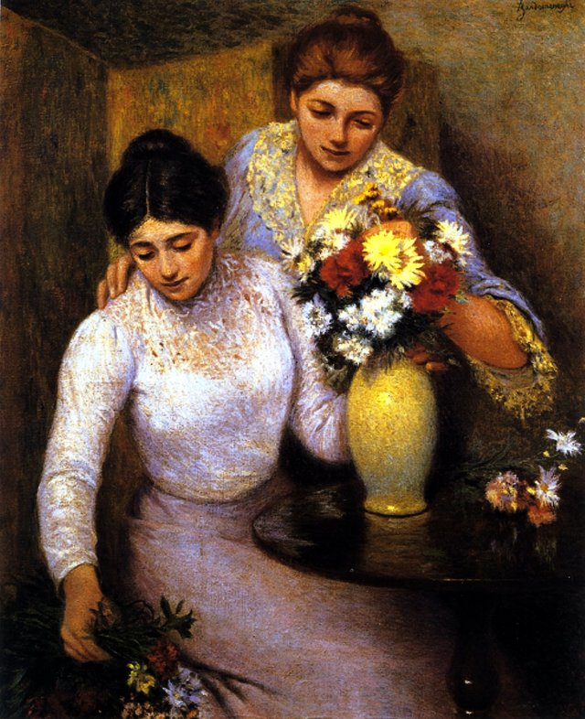 Two Girls Arranging Flowers by Federico Zandomeneghi