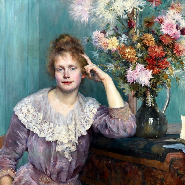 Young Woman and Chrysanthemum – Portrait of Wilhelmina Carlson-Bredberg by Louise Catherine Breslau
