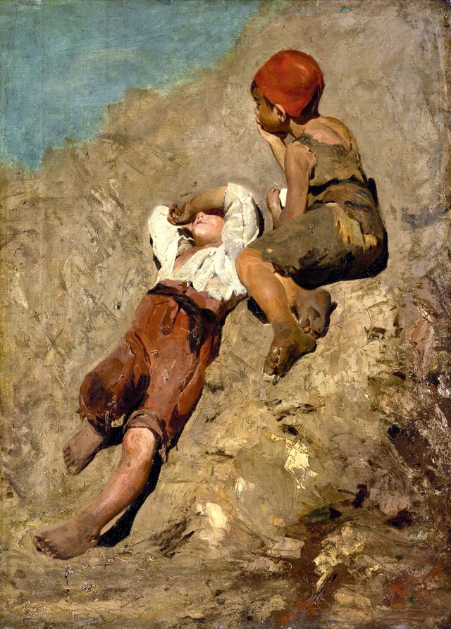 Two Peasant Boys on a Hillside by Franz von Lenbach