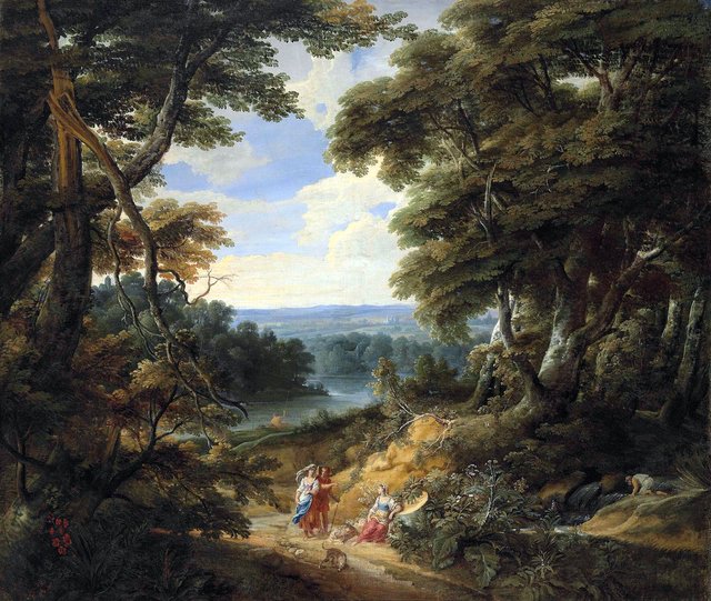 Landscape with a castle and figures by Jacques d'Arthois