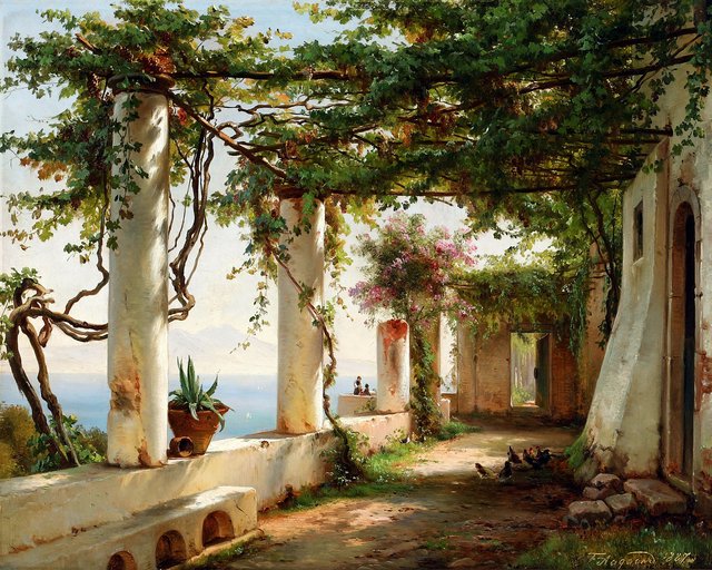 View from a flowery pergola towards Mount Vesuvius. by Carl Frederik Aagaard
