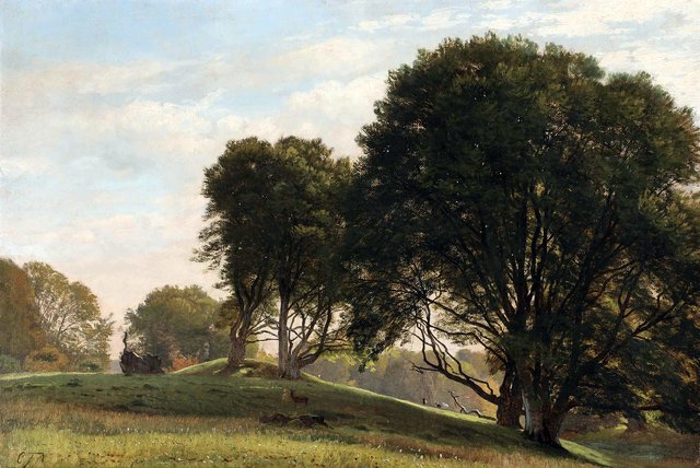 Large trees in a hilly landscape. by Carl Frederik Aagaard