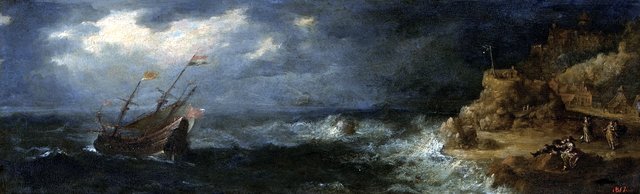 Storm on the sea (The Lovers on the seafront). by Jan Porcellis