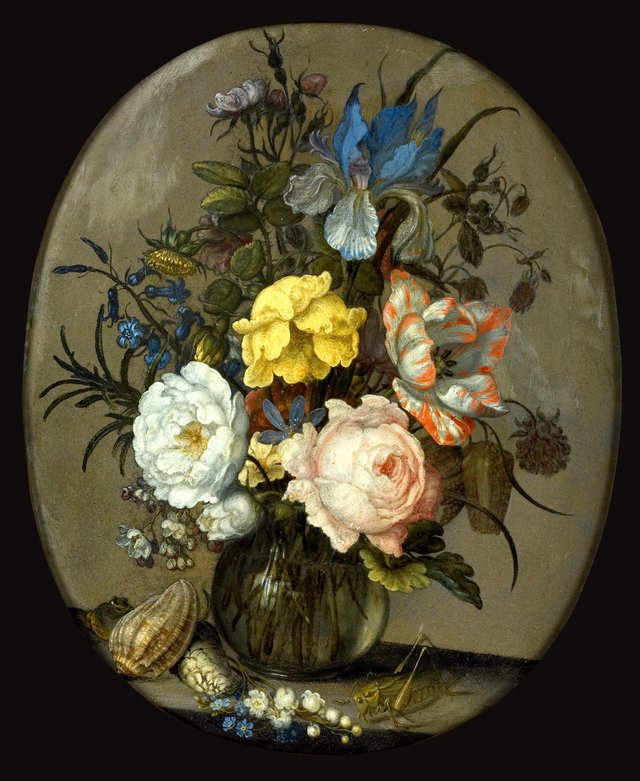 Flowers in a Glass Vase with next to ith shells and an insect by Balthasar van der Ast