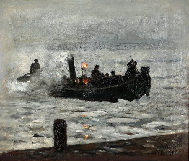 A heavily loaded boat at dusk. by Otto Bache