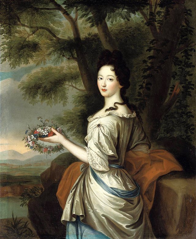 Portrait of a lady in a lace-trimmed gray and blue dress by Pierre Mignard I